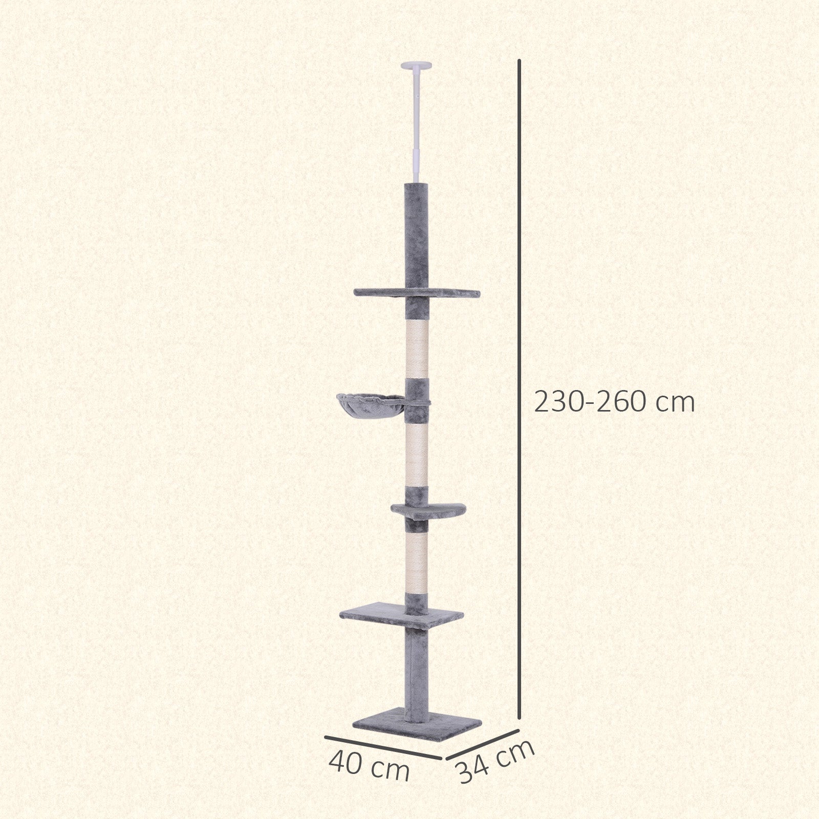 Pawhut Árbol Para Gatos De Suelo Al Techo De 230-260 Cm Con Plataformas Gris_2