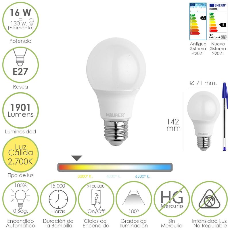 Bombilla Led Estandar Rosca E27. 16 Watt. Equivale A 130 Watt. 1901 Lumenes. Luz Calida 2.700º K._0