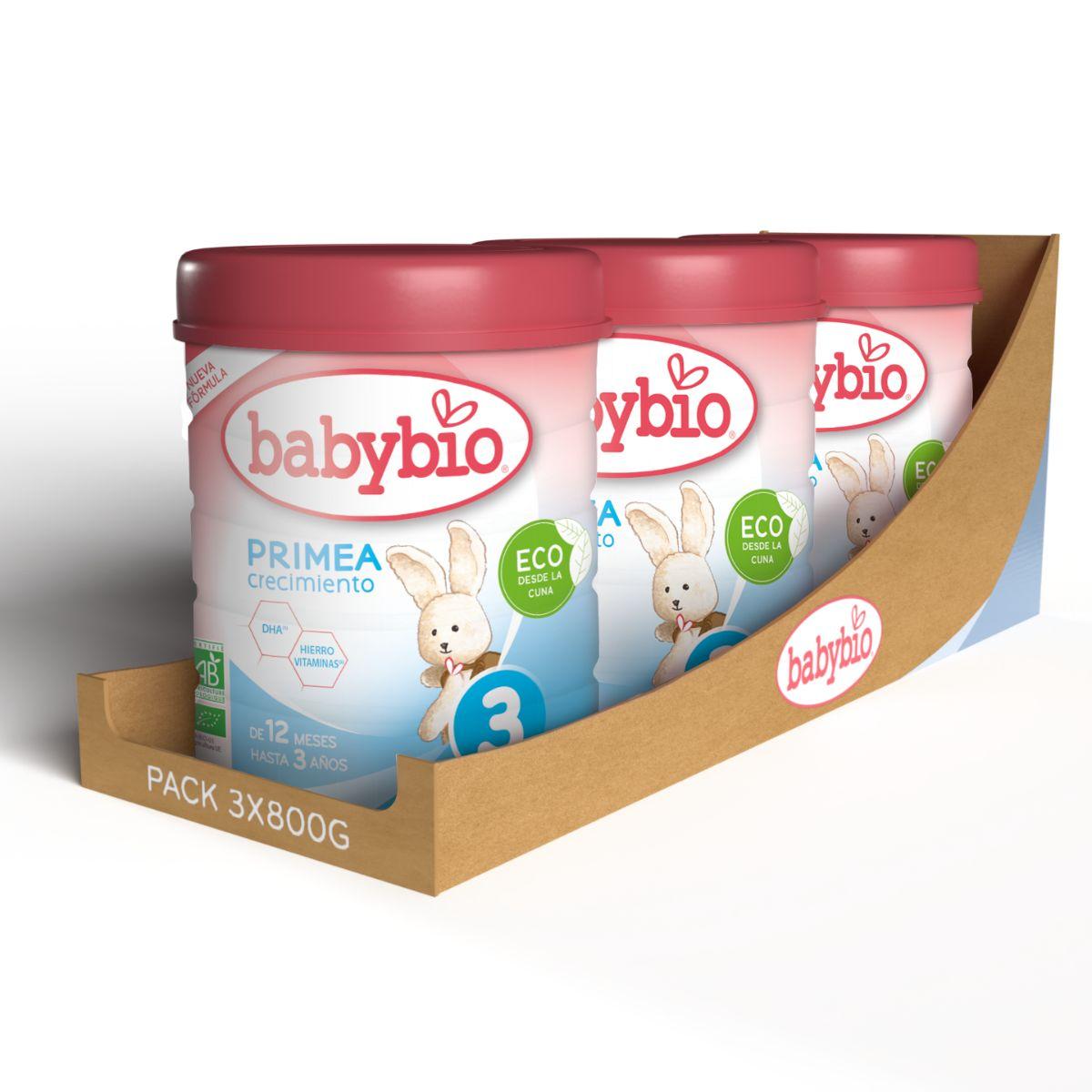 Embalagem de 3 unidades de Leite de Crescimento Babybio Organic Primea 3 800 g
