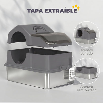 Pawhut Arenero Para Gatos Cubierto Extragrande Con Bandeja De Acero Inoxidable_3