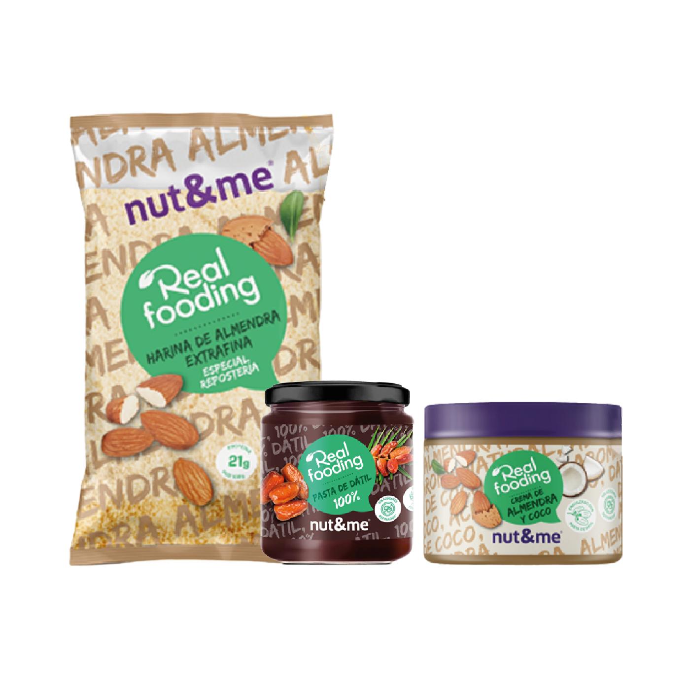 Realfooding Nut&amp;me Pack: Farinha de Amêndoa 1kg, Creme de Amêndoa e Coco 250g e Pasta de Tâmaras 500g