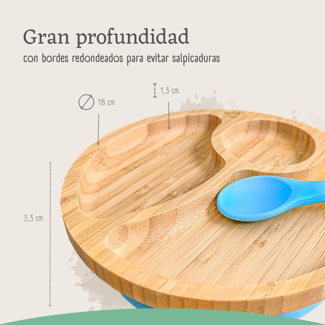 Vajilla De Bambú Natural Para Bebé Con Ventosa Antideslizante 2 Piezas Althea Living Azul Capri_3