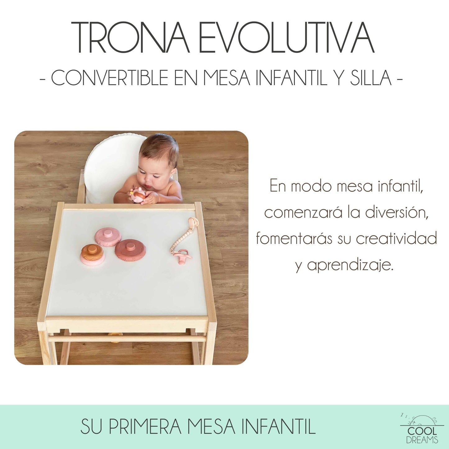 Trona Evolutiva Bebe Portatil De Madera De Haya Evoluonge. Convertible En Mesa Y Silla Infantil. Asiento Acolchado_2