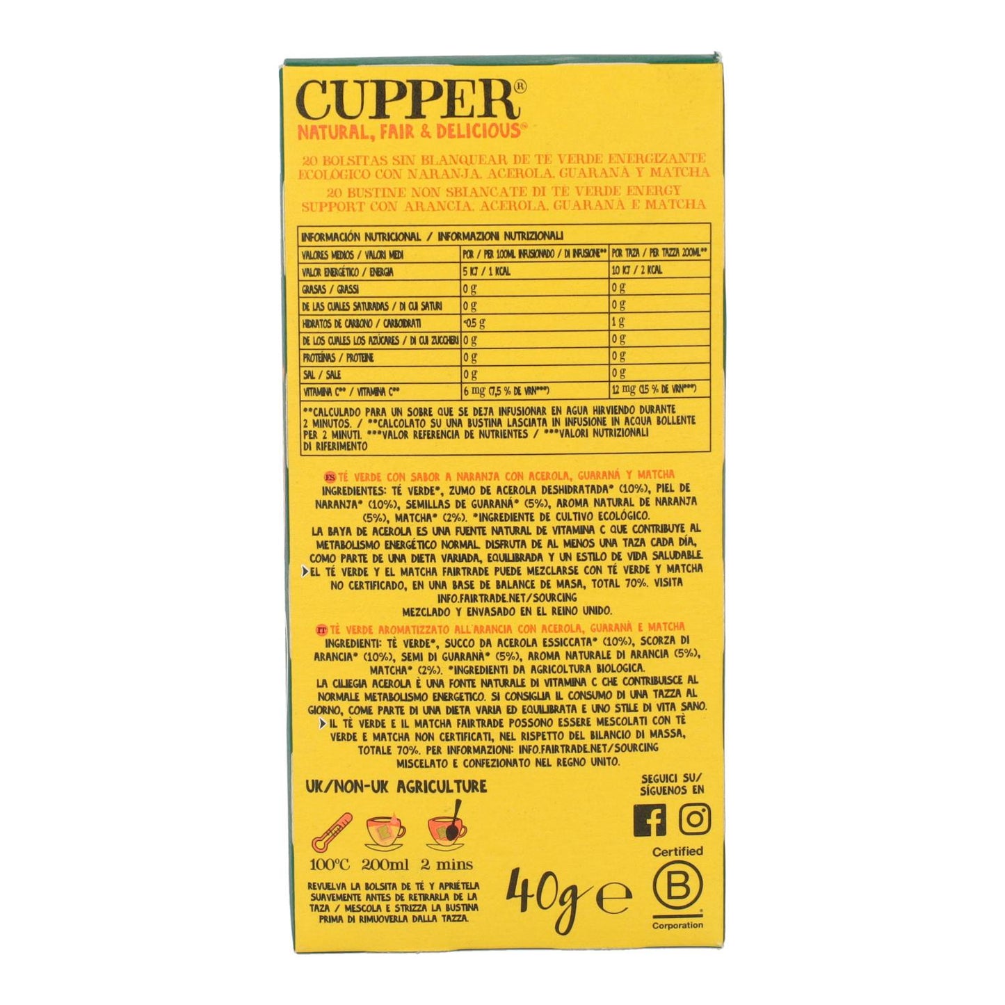 Chá Verde Energizante Bio Cupper 20 saquetas 