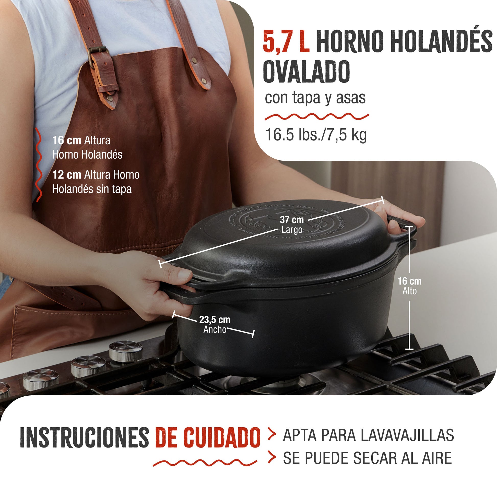 Victoria Horno Holandés Olla Inducción Hierro Fundido Esmaltado 31cm, Tapa - Sartén, 5,7l, Sin Ptfe, 38717, Negro_4