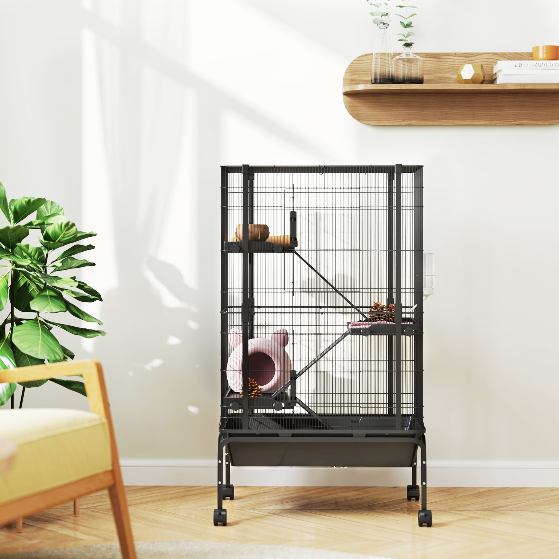 Pawhut Jaula Para Animales Pequeños De 4 Niveles Con Ruedas 69x44x120 Cm Negro_4