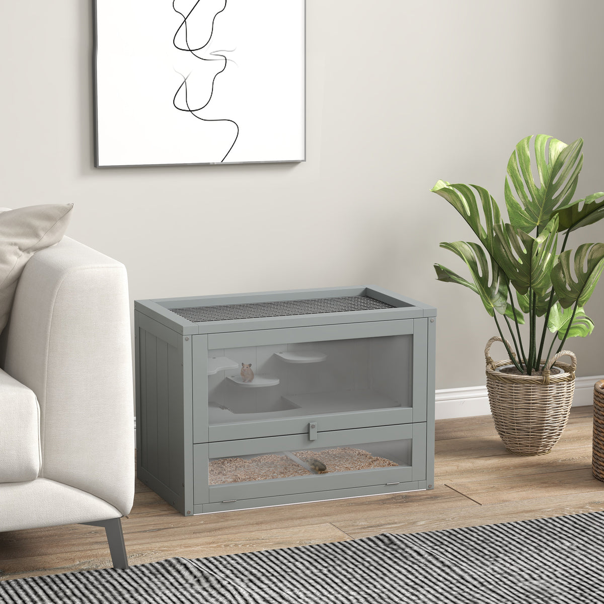 Jaula Para Hámster Pawhut Madera De Abeto Gris 60x35x42 Cm_1