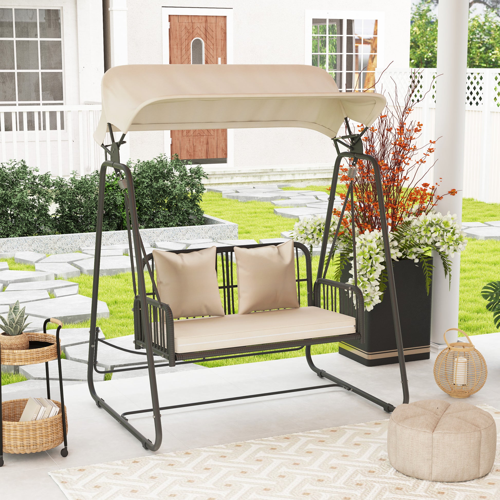 Outsunny Columpio De Jardín De 2 Plazas Con Toldo Retráctil Carga 240 Kg Caqui_4