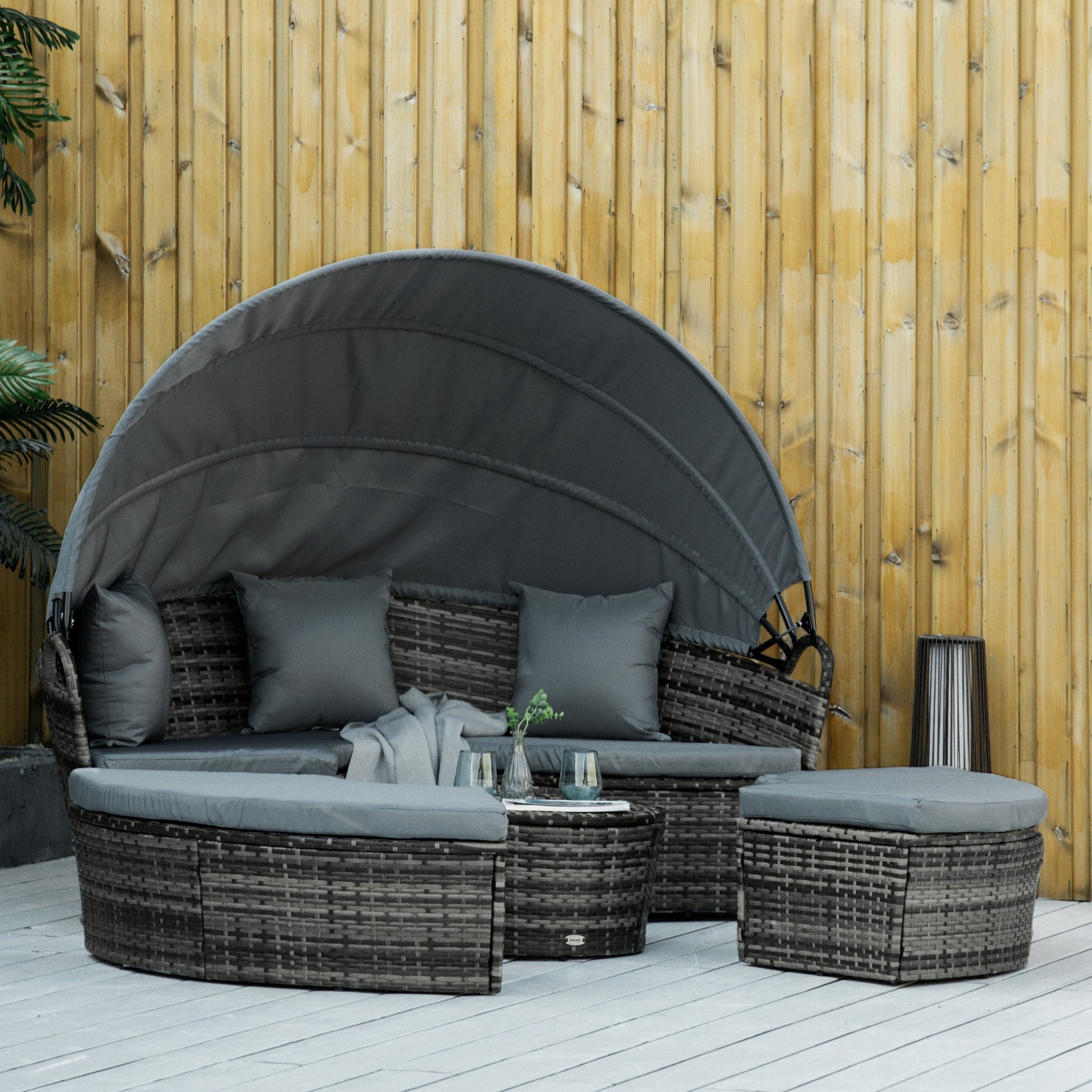 Outsunny Isla De Ratán Exterior 5 Piezas Tumbona Toldo Plegable Y Cojines Gris_1