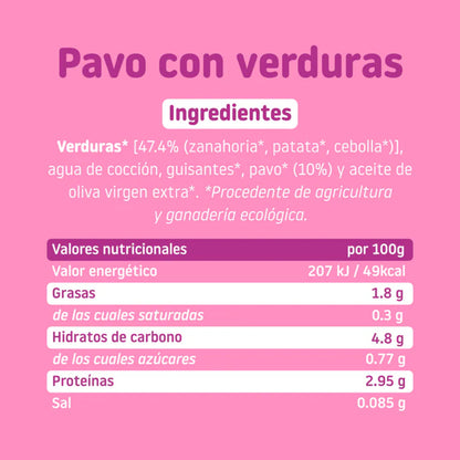 Pack 12x Tarrito BIO pavo y verduras +6 meses Smileat, 230g