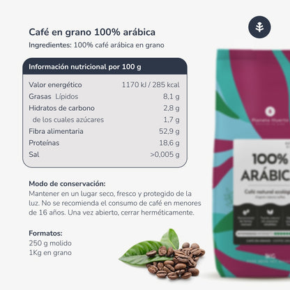 Embalagem com 3 grãos de café ecológico 100% arábica Planeta Huerto 1 kg
