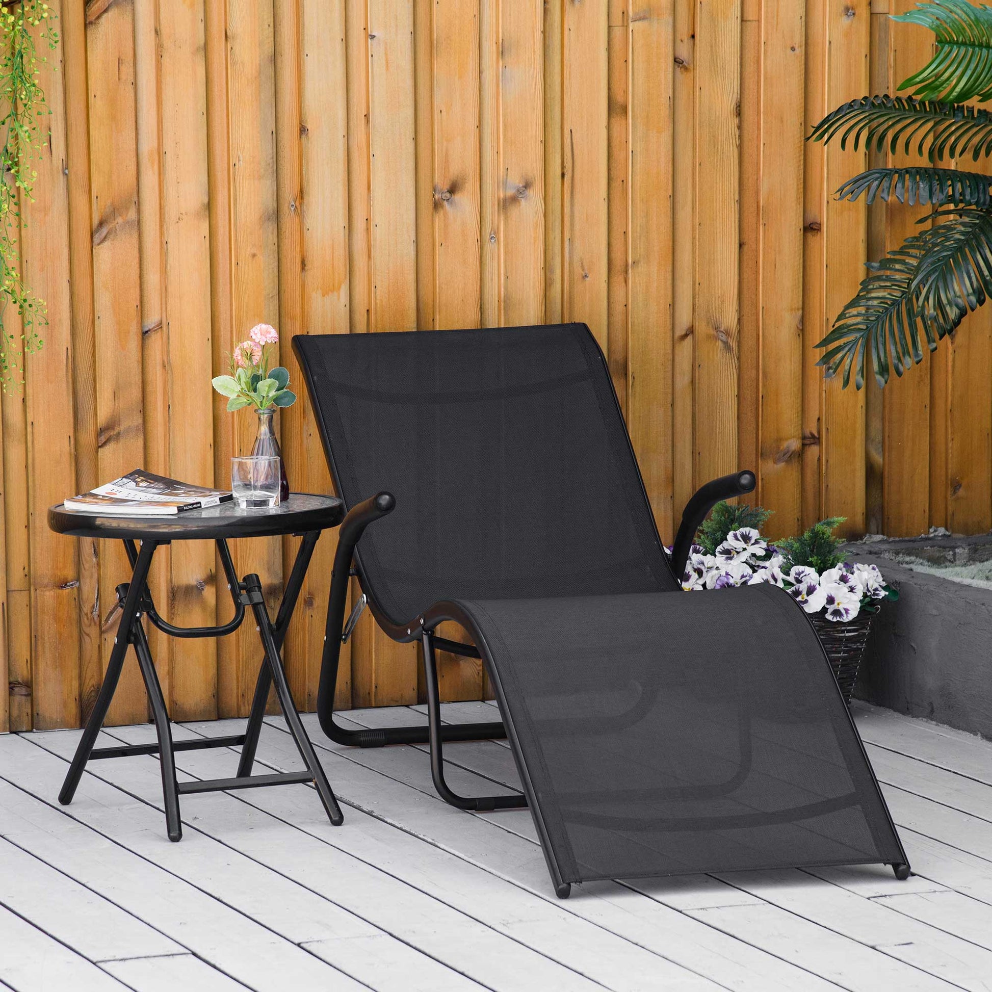 Outsunny Tumbona Plegable De Jardín Con Reposabrazos Y Reposapiés Metal Negro_1