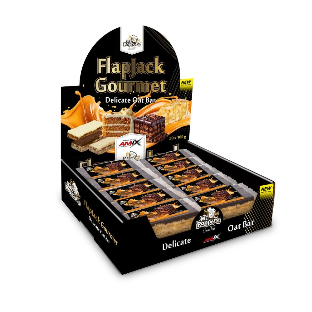 Barrita Flap Jack Gourmet 30x100gr Sabor Chocolate Negro Y Caramelo Mr.popper's Amix_0