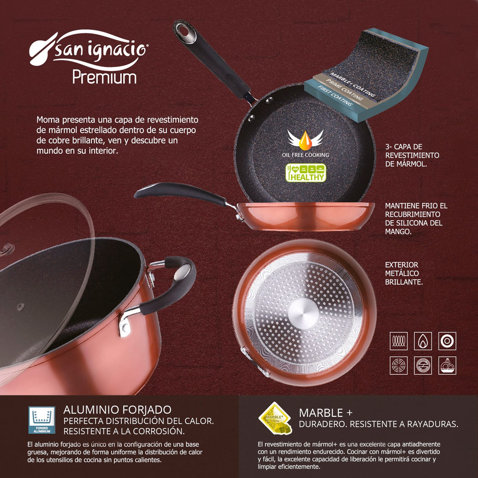 Sartén Grill / Plancha 28 X 28 X 4,5 Cms. Aluminio Prensado, Color Cobre Metalizado, Mango Revestido Con Silicona, Inducción