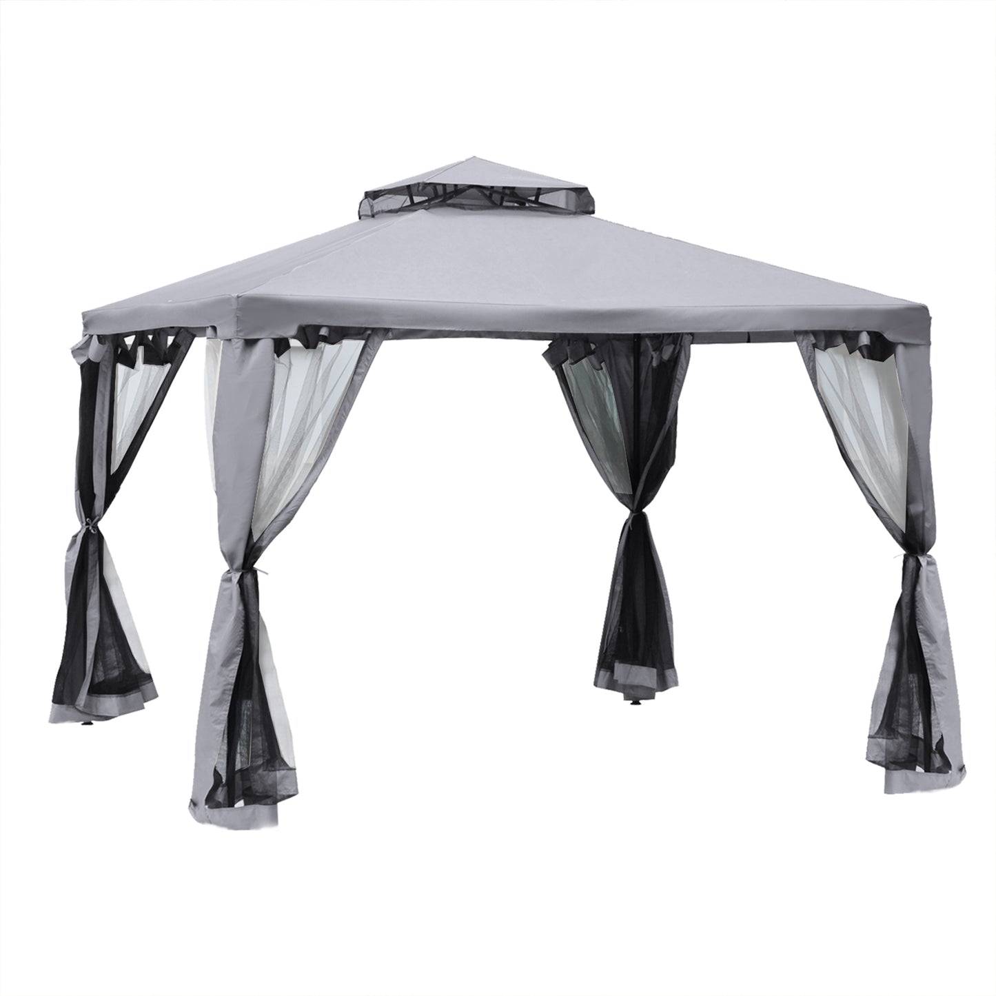 Outsunny Cenador De Jardín 3x3 M Con Doble Techo 4 Cortinas Mosquiteras Gris_0