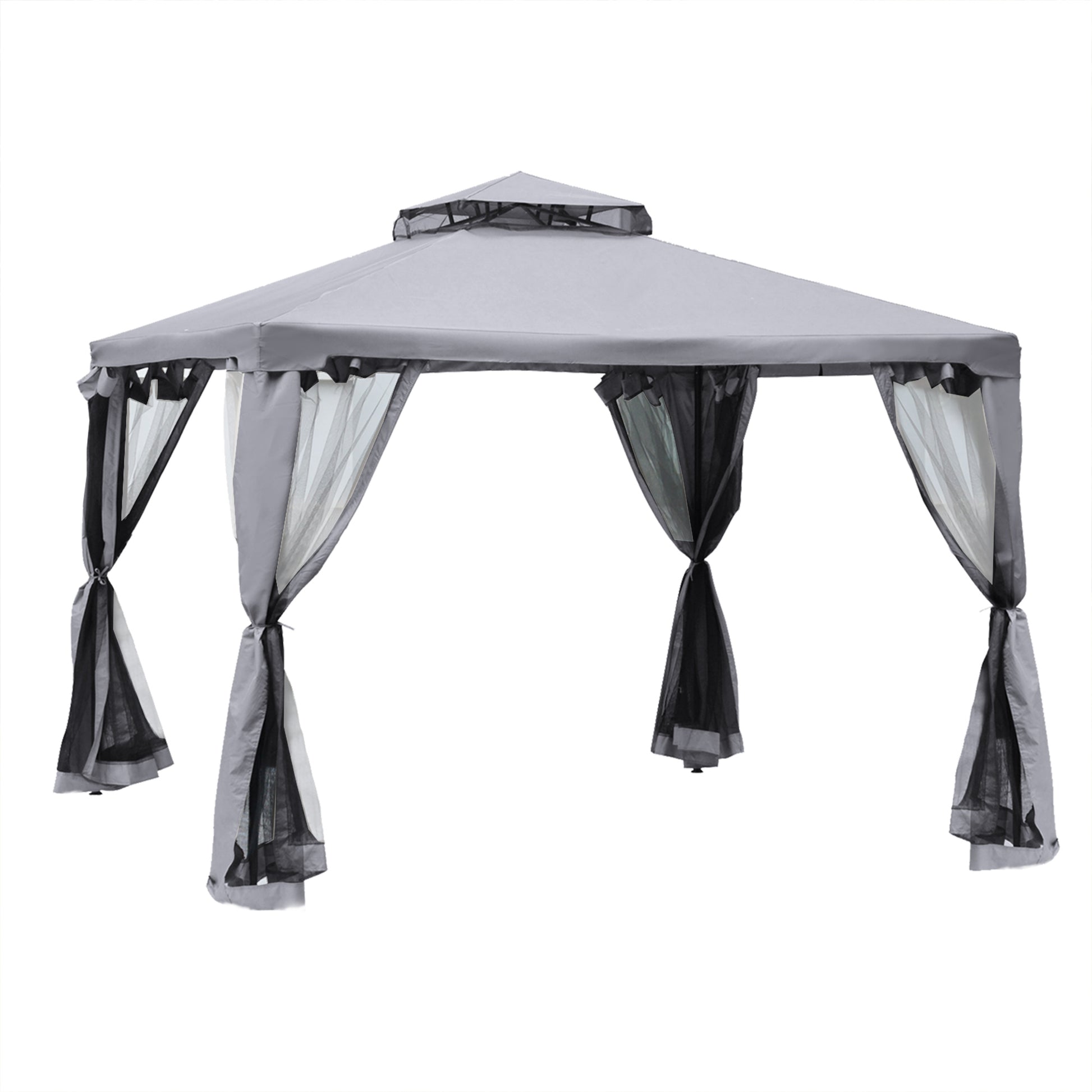 Outsunny Cenador De Jardín 3x3 M Con Doble Techo 4 Cortinas Mosquiteras Gris_0