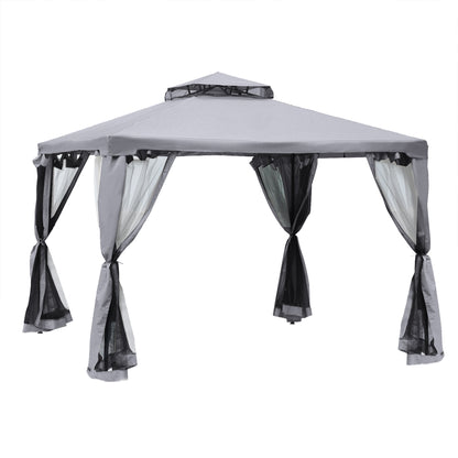 Outsunny Cenador De Jardín 3x3 M Con Doble Techo 4 Cortinas Mosquiteras Gris_0
