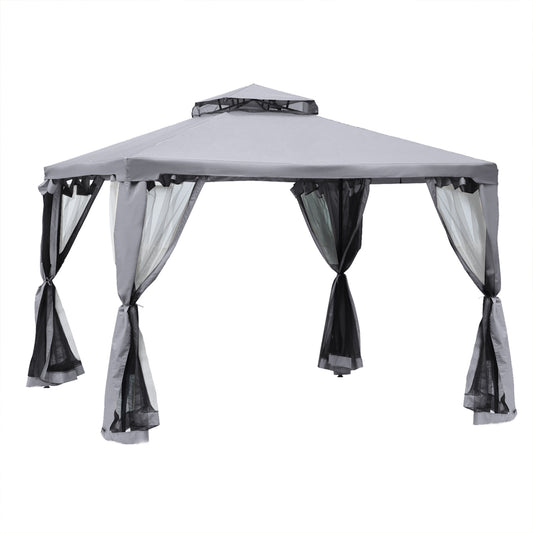 Outsunny Cenador De Jardín 3x3 M Con Doble Techo 4 Cortinas Mosquiteras Gris_0
