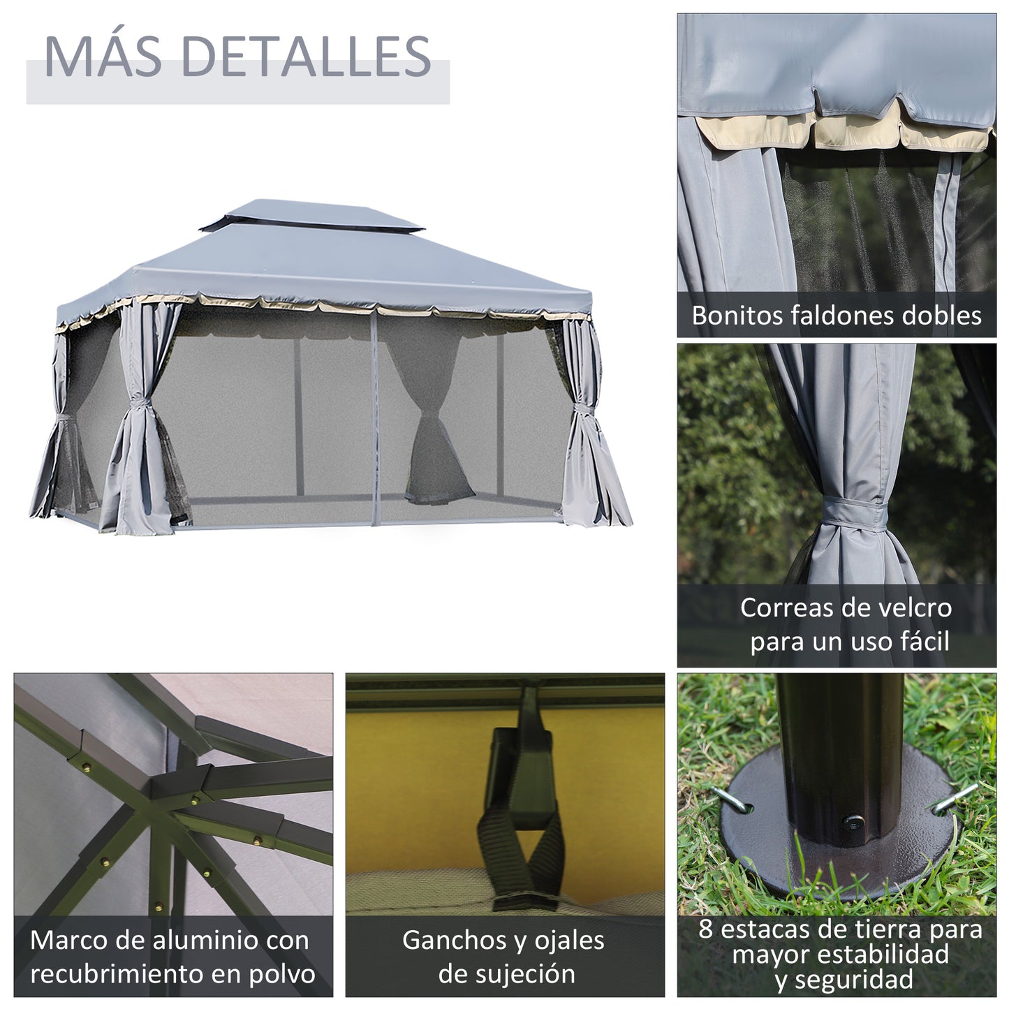 Outsunny Cenador De Jardín 4x3 M Con Doble Techo 4 Cortinas 4 Mosquiteras Gris_5