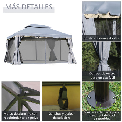Outsunny Cenador De Jardín 4x3 M Con Doble Techo 4 Cortinas 4 Mosquiteras Gris_5