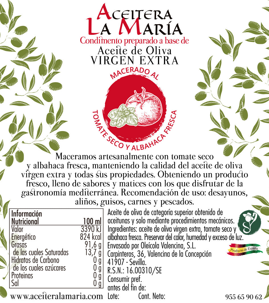 Aceite De Oliva Virgen Extra Macerado Al Tomate Seco Y Albahaca 50 Cl Con Vertedor_2