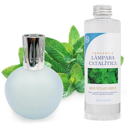 Lámpara Catalítica Azul Grisáceo Mate + Aroma Mountain Mint 500ml - Elimina Olores, Perfuma Y Mejora La Calidad Del Aire_0