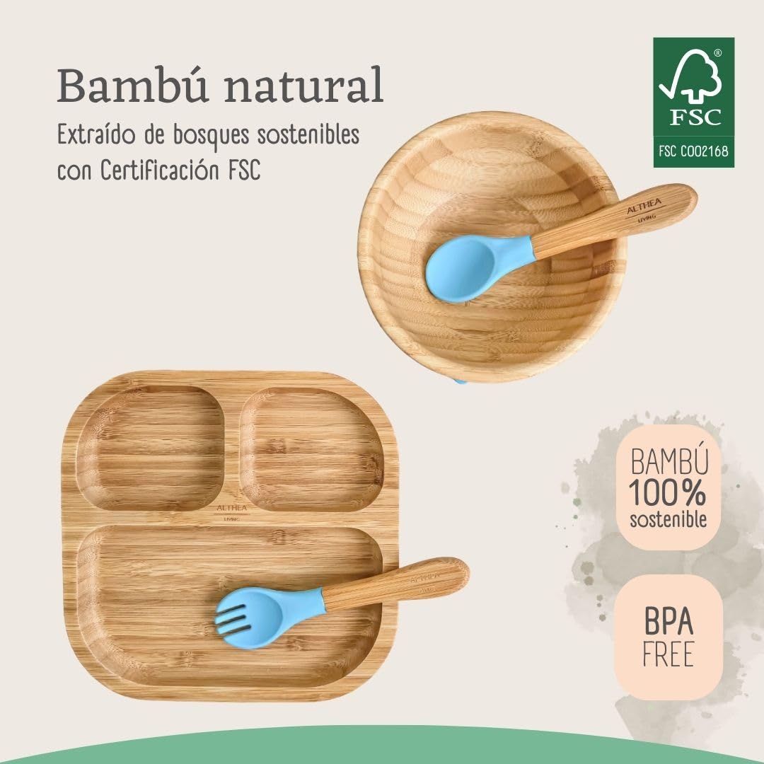 Vajilla De Bambú Natural - 4 Piezas - Azul Capri._2