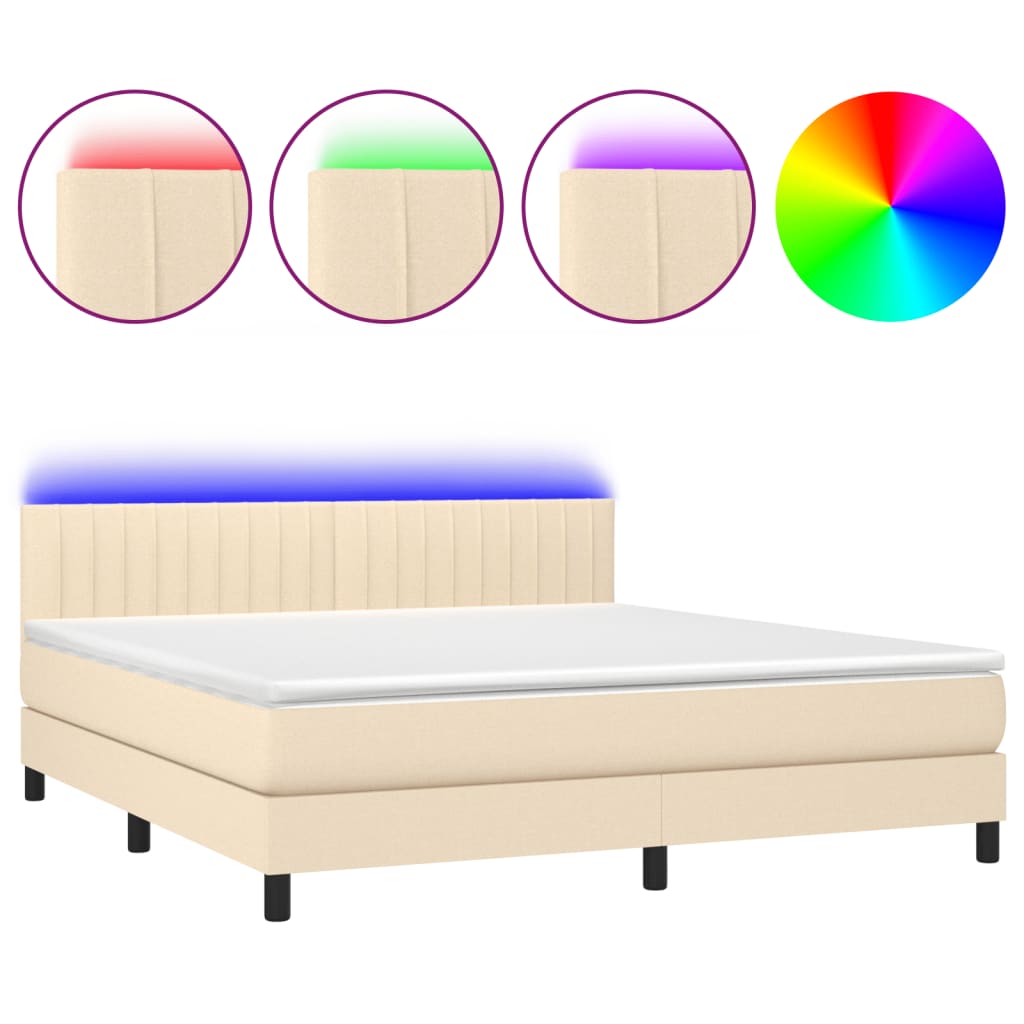 Cama Box Spring Colchón Y Luces Led Tela Crema 180x200 Cm / Vetonek_4