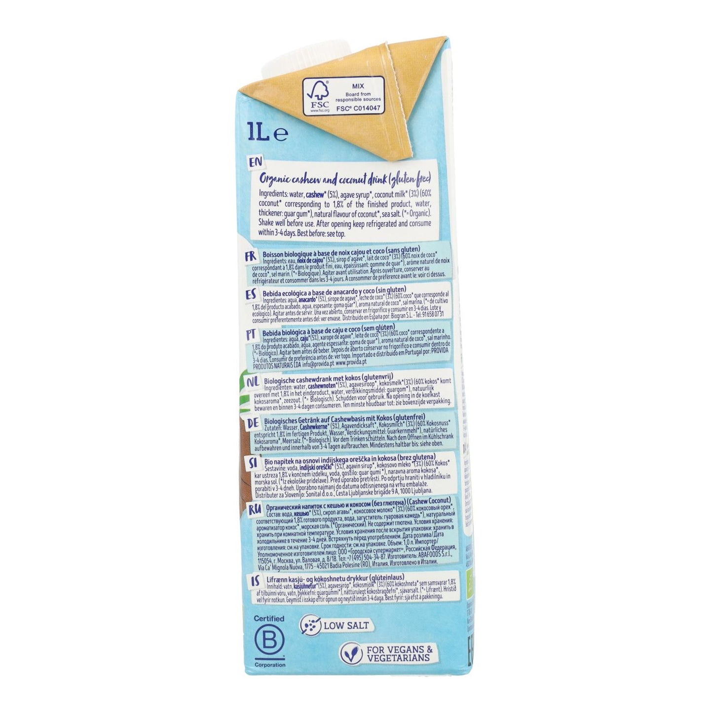 Bebida de coco e caju sem glúten Isola Bio 1 L