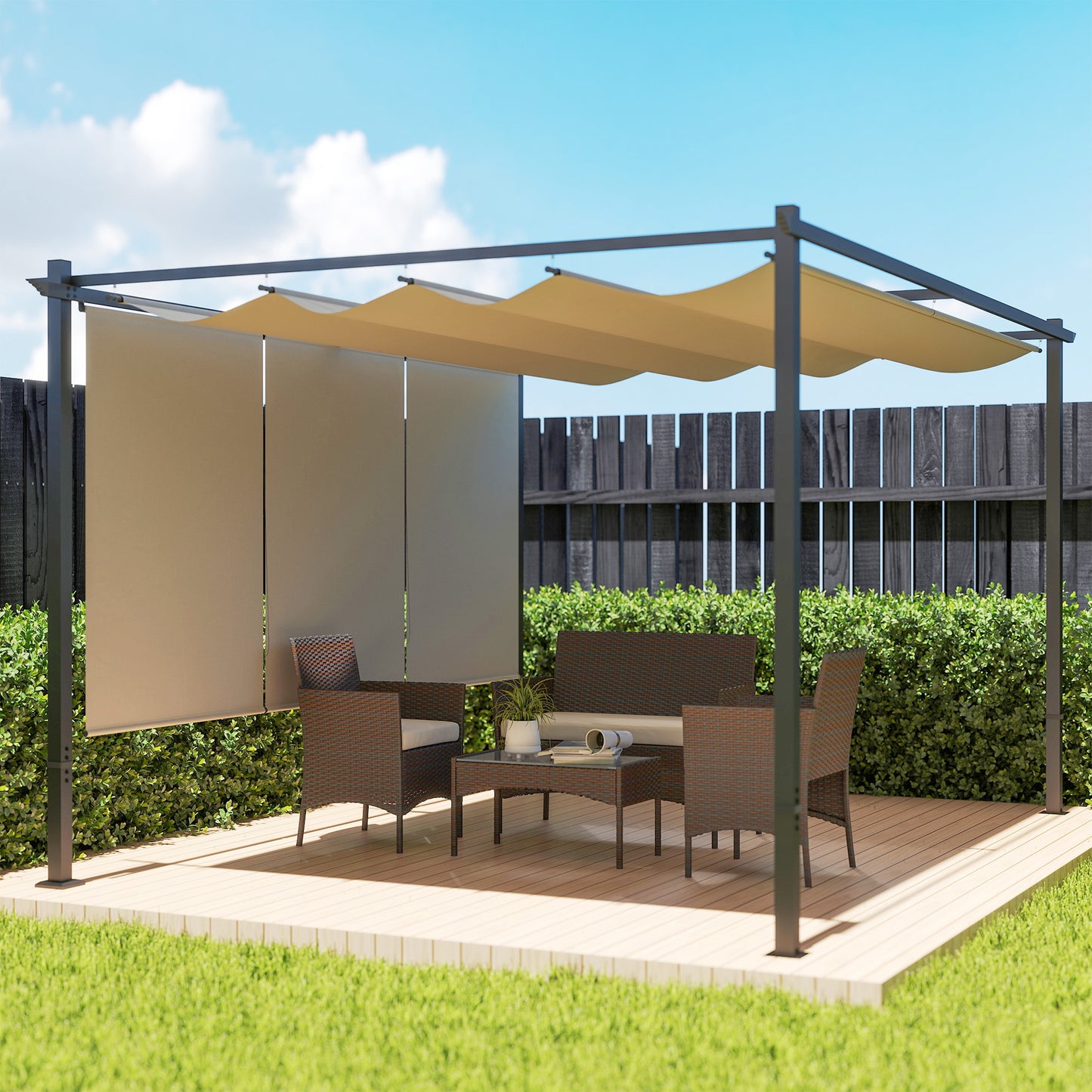 Outsunny Pérgola 4x3 M Con Techo Retráctil Y Laterales Enrollables Beige_1