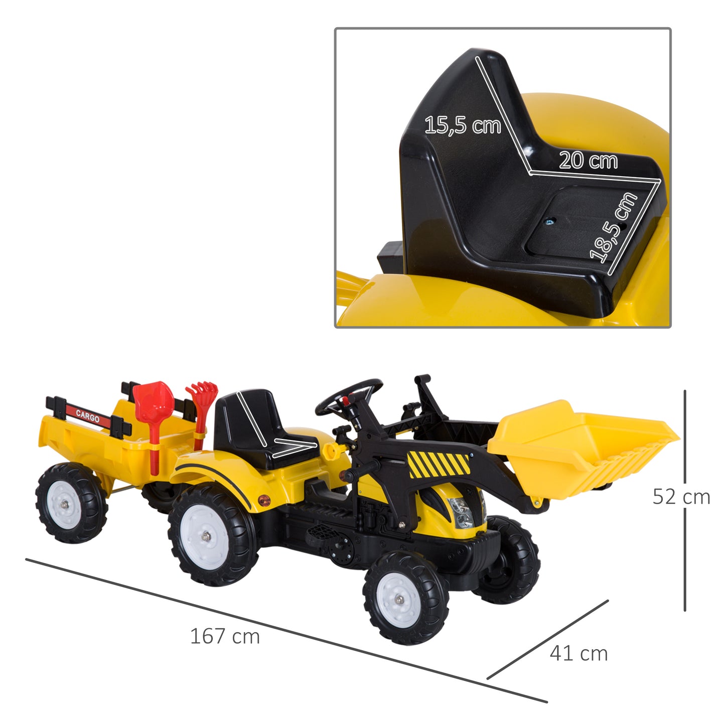 Homcom Tractor Pedales Excavadora Niño Con Pala Frontal Remolque 3 Años Carga 35_2