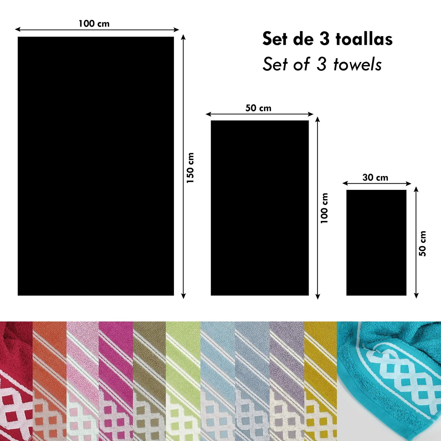 Juego De 3 Toallas De Baño De Algodón De Rizo 450 Gr/m2, De 50x30; 100x50; 150x100 Cm, Color Lila De La Colección Diamante_2