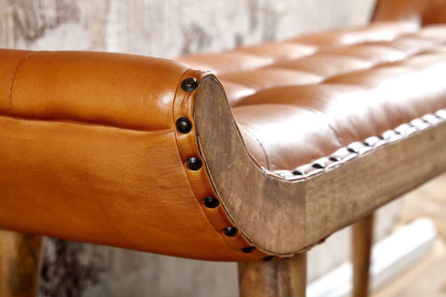 Banco De Cuero Y Madera Maciza 125x50x38 Cm_4