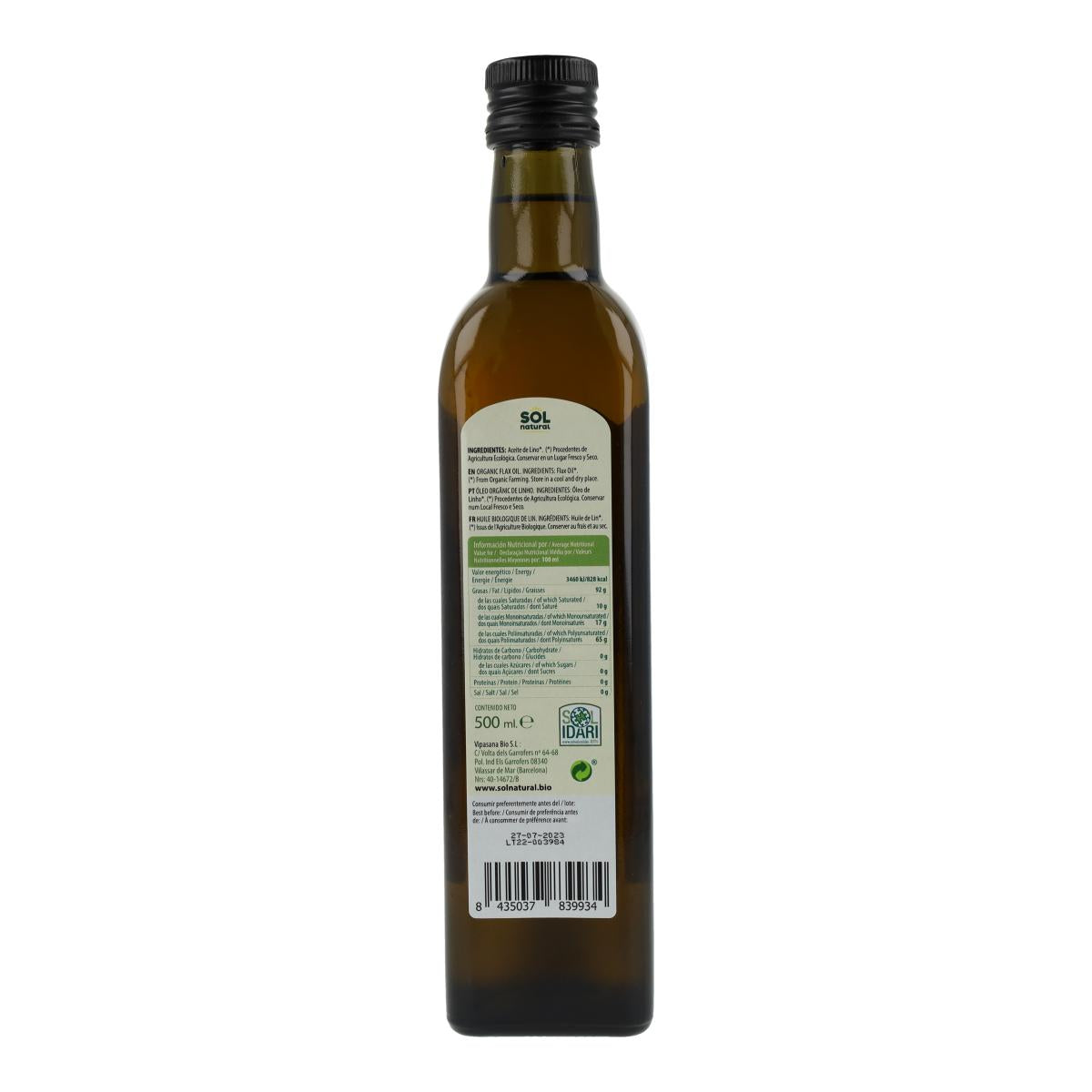 Óleo de Linhaça Biológico Prensado a Frio Sol Natural 500 ml