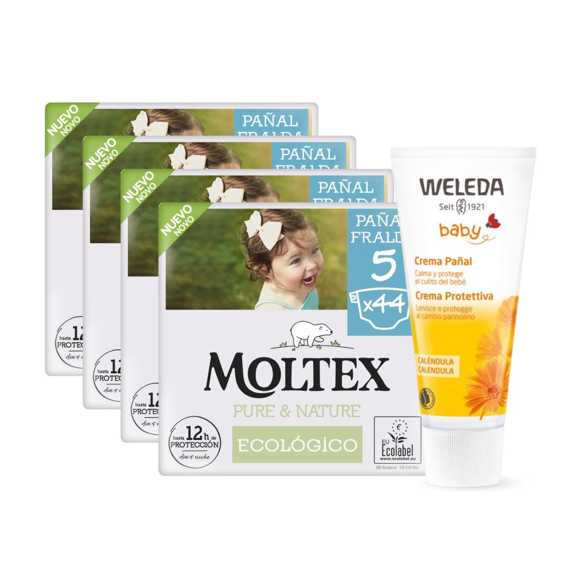 PACOTE ESPECIAL Creme para Fraldas de Calêndula Weleda 75ml + Pacote de Poupança Fraldas T5 (13-18 kg) Moltex Pure &amp; Nature 176 Unidades