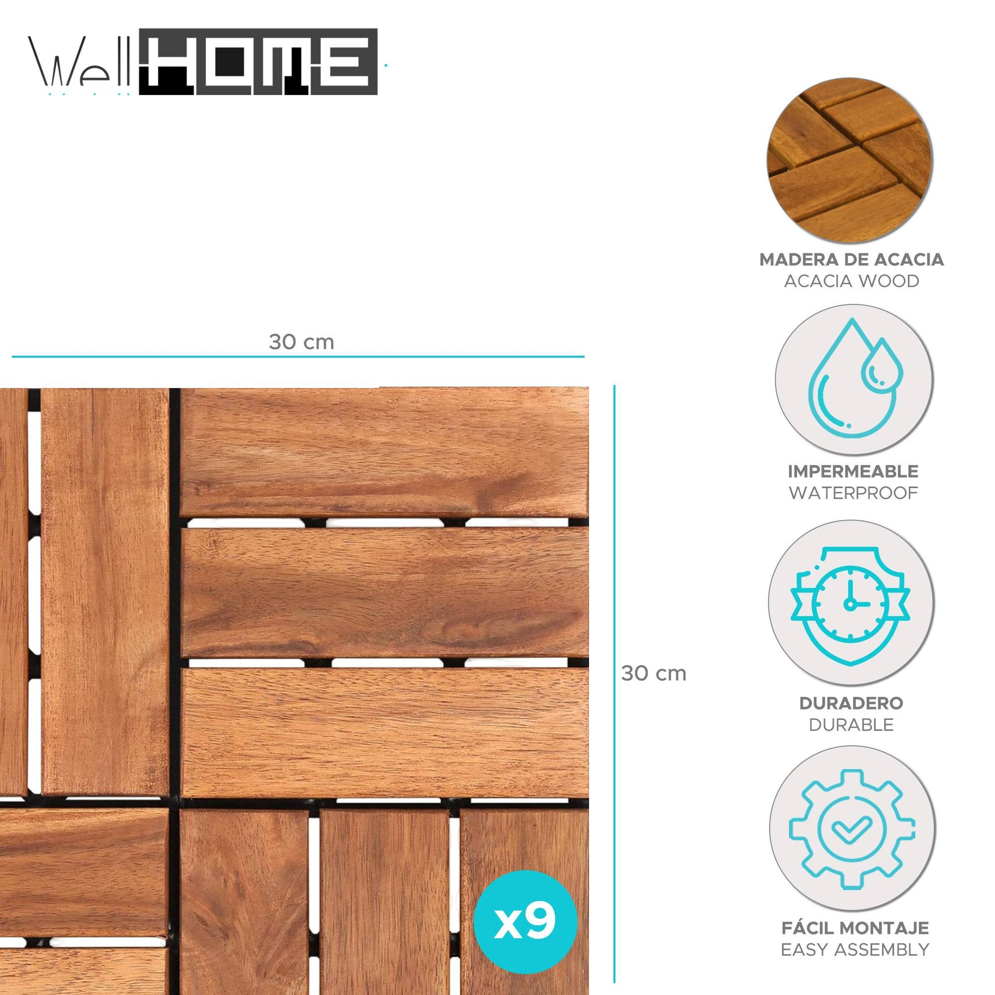 Well Home 9 Baldosas De 30x30x0,1cm En Madera De Acacia De Aspecto De Teca_1