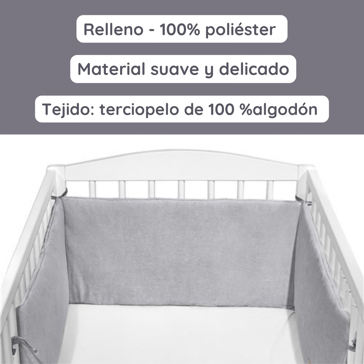 Chichonera Para Cuna 180x30 Velour Algodón Gris_2