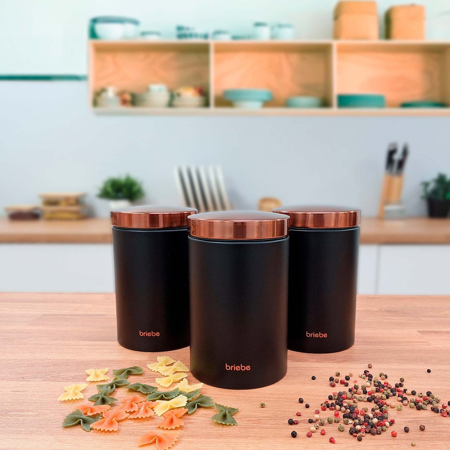 Panera De Mesa +juego 3 Botes Cocina Almacenaje Acero Inoxidable Contenedor De Pan Con Tapa, Briebe, Bb1161, Negro Mate/oro Rosa