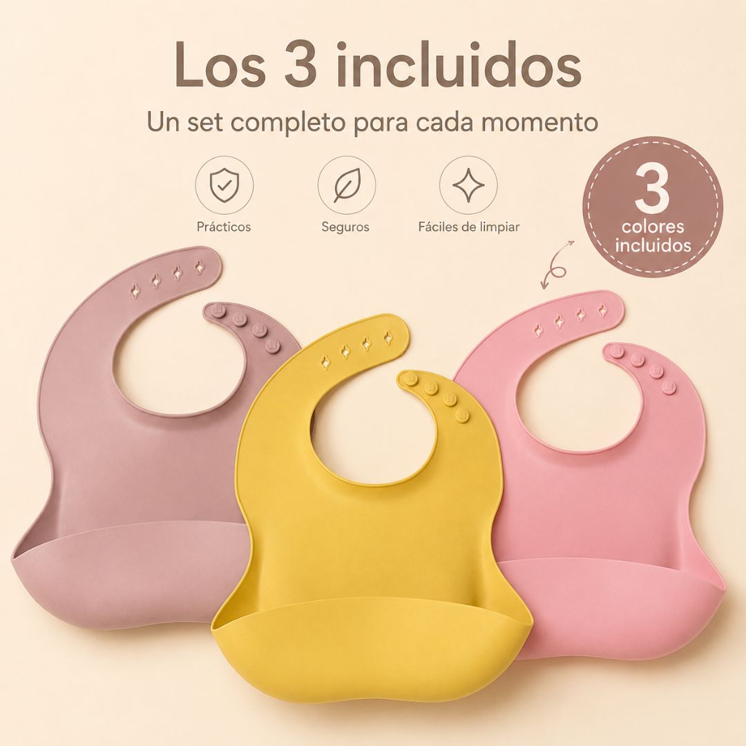 Pack De 3 Baberos De Silicona Para Bebé, Baberos Impermeables Con Bolsillo Recogecomida Y Reutilizables Bathby_3