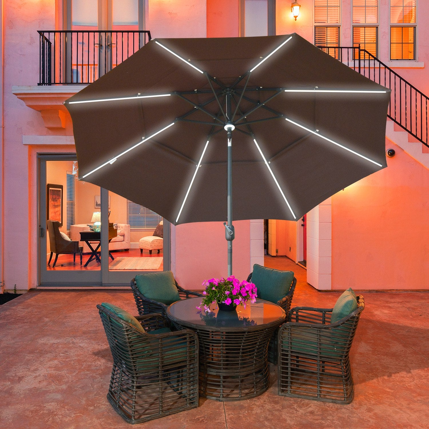 Outsunny Sombrilla De Jardín Ø300x250cm Con Luces Led Y Panel Solar Manivela_1