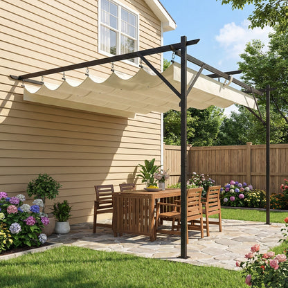 Outsunny Pérgola De Pared 3x3 M Con Techo Retráctil Upf30+ Blanco Crema_1