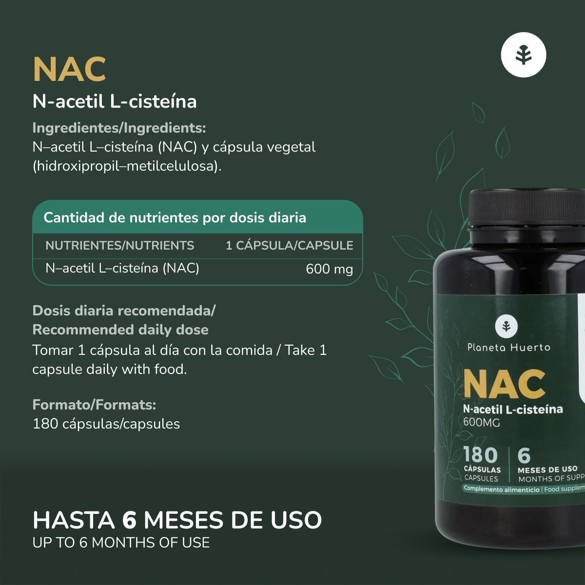 NAC 600 mg Planeta Huerto 180 cápsulas