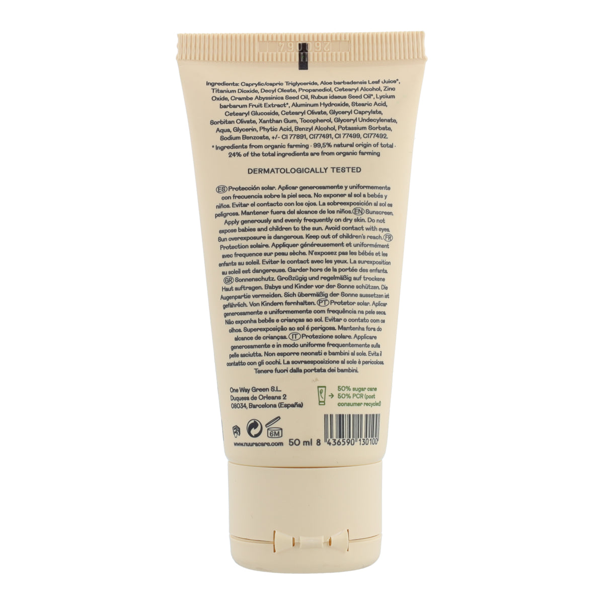 Protetor solar facial Nuura com cor FPS 50, tubo de 50 ml