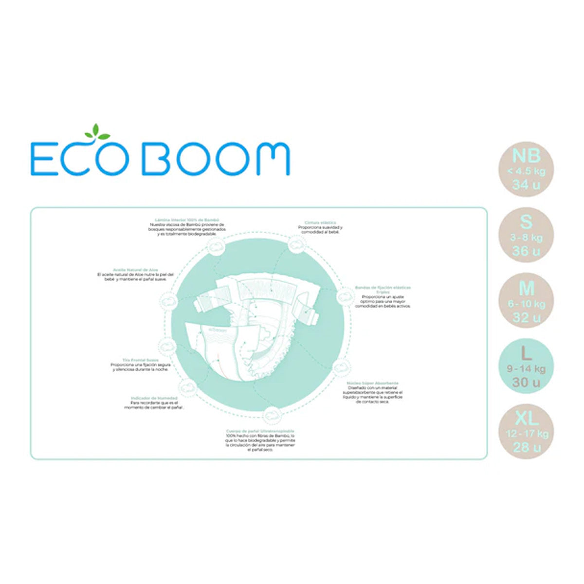 Fralda Pure Premium ECO BOOM Bamboo T4/L (9 a 14 kg) 30 unidades