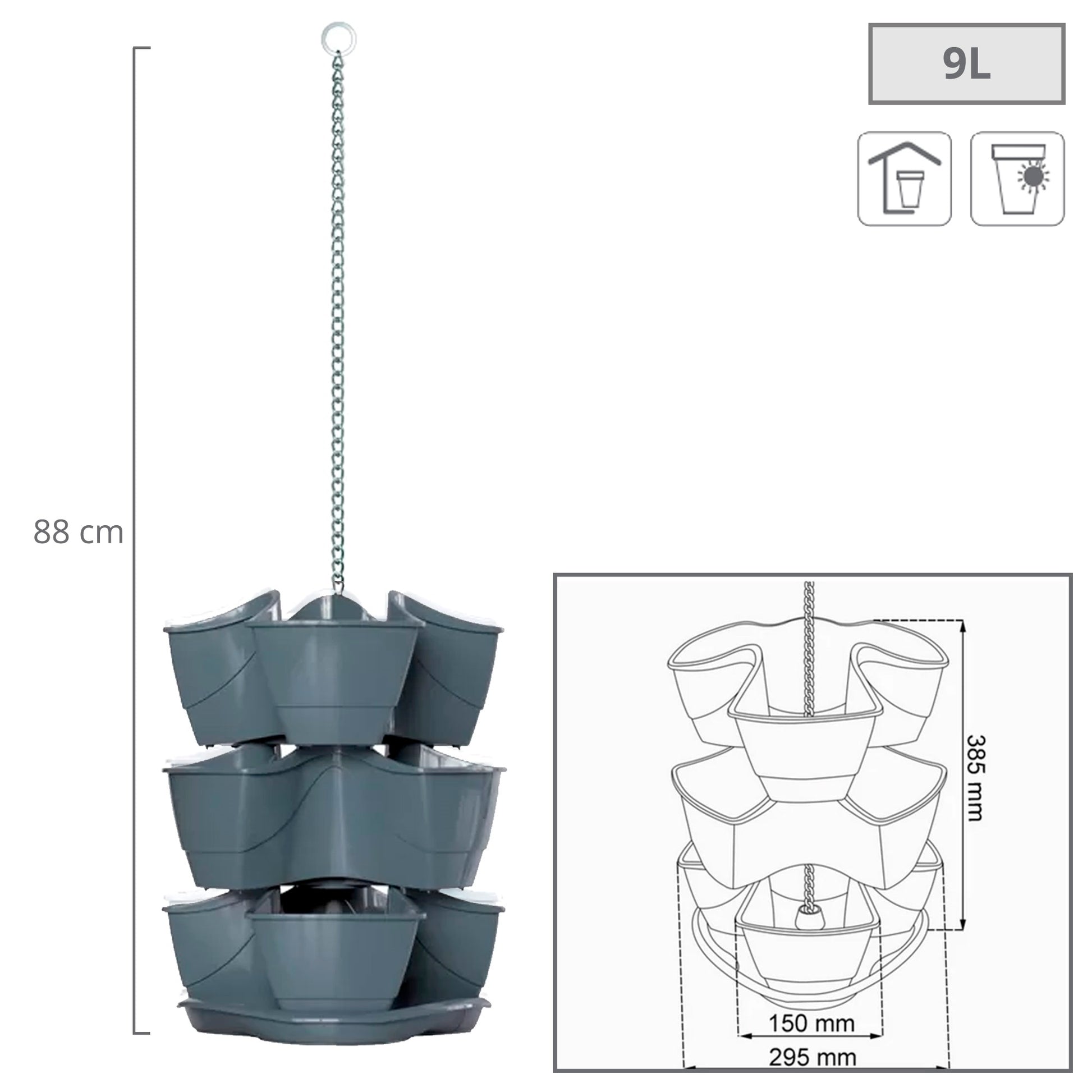 Jardín Vertical Colgante Coubi Herbal 9l., Dimensiones (mm) 295x295x880, Color Grafito