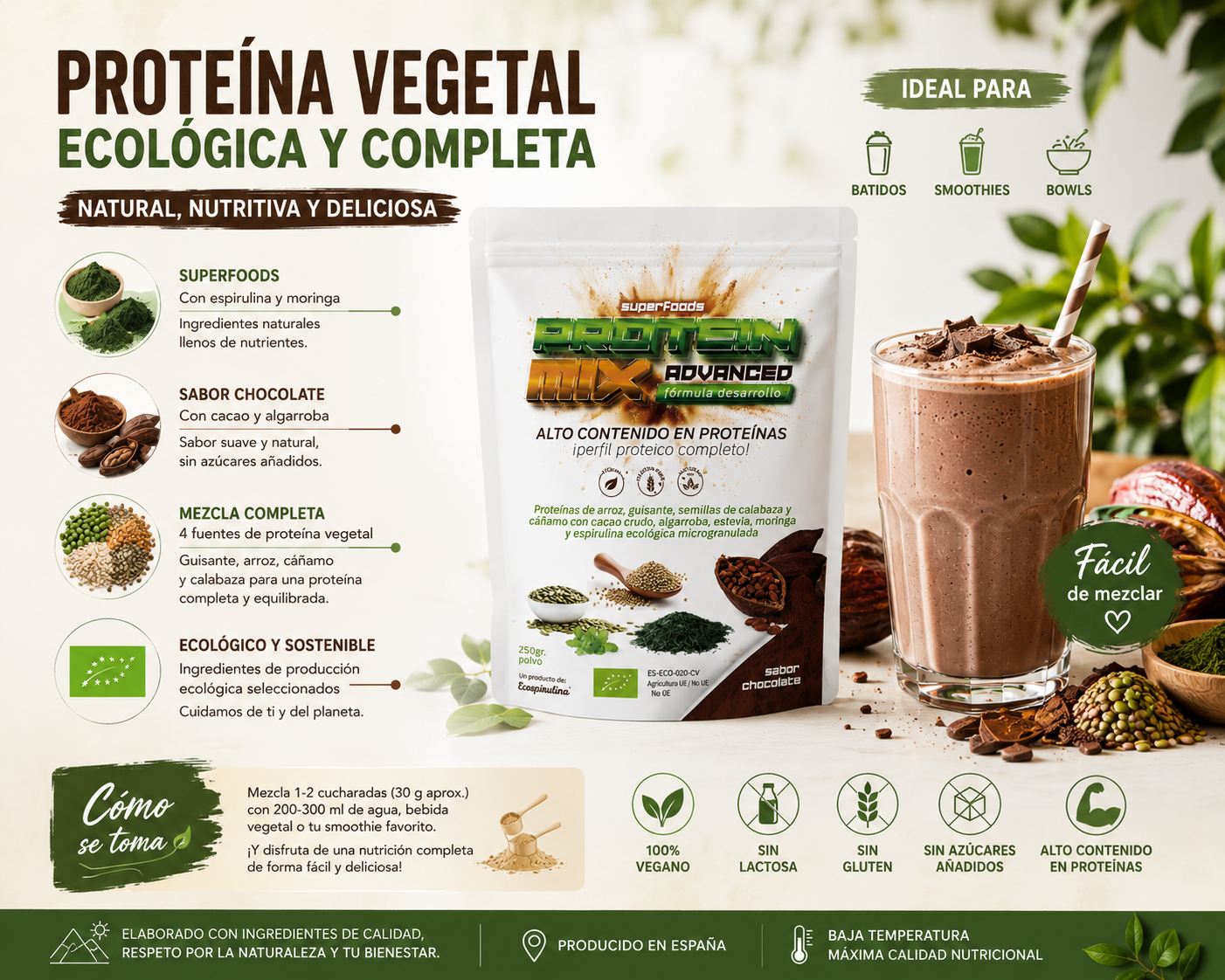Proteína Vegetal Ecológica Con Espirulina Y Moringa Ecospirulina Chocolate 250 G_4