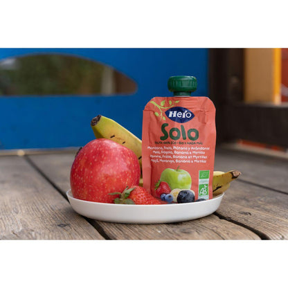 Saco de fruta 100% biológica com sabor a maçã, morango, banana e mirtilo, 100g. Herói Solo