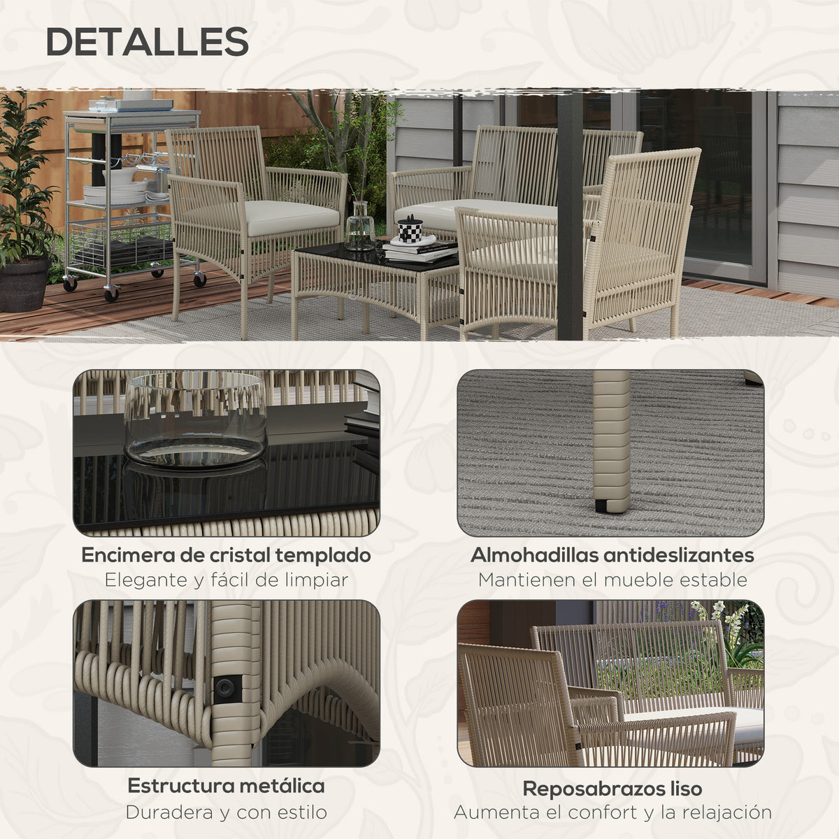 Muebles De Jardín Outsunny Acero, Ratán Caqui 100x56x80 Cm_5