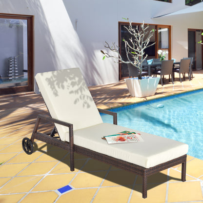 Outsunny Tumbona De Ratán Jardín Con Cojines Respaldo Ajustable Y 2 Ruedas Crema_1