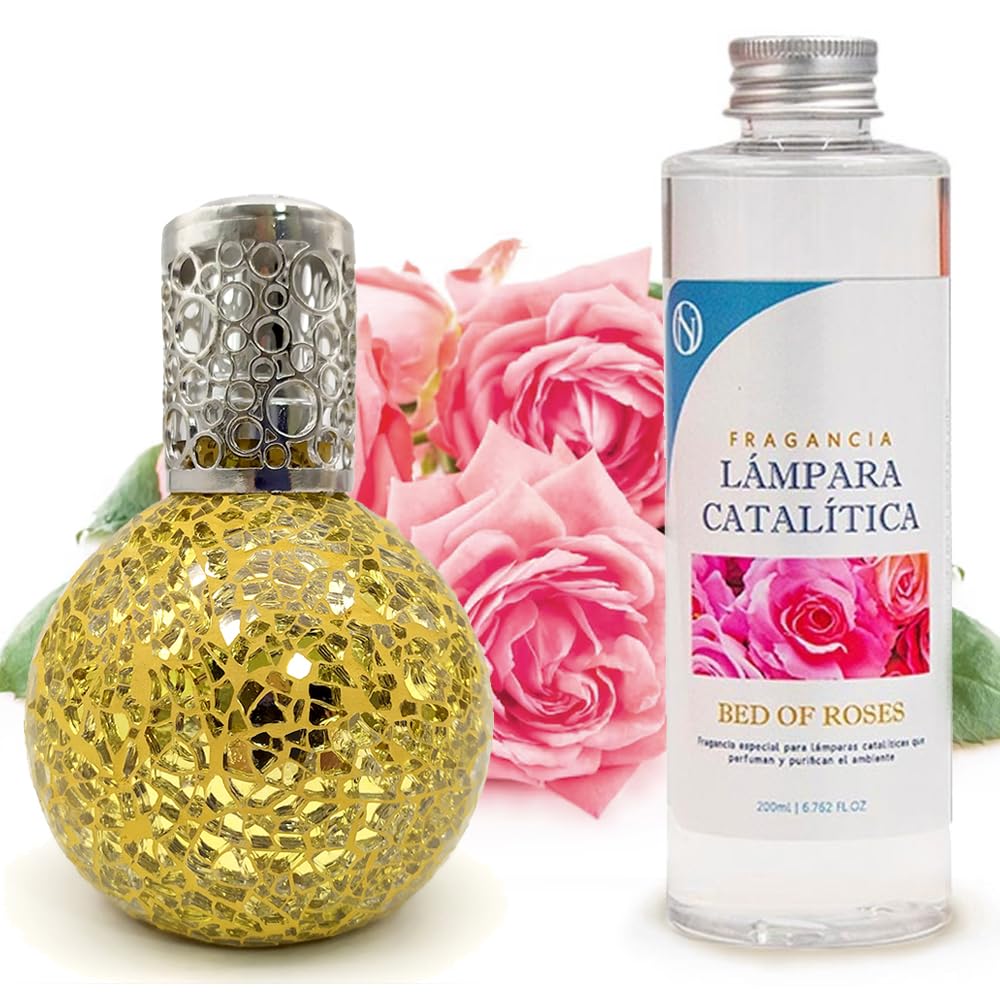 Lámpara Catalítica Mosaico Dorado + Aroma Bed Of Roses 200 Ml - Elimina Malos Olores, Impurezas Y Perfuma_0